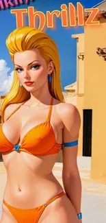 Blonde character in orange bikini with Mediterranean background.