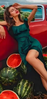 Woman in green dress posed by a red car with watermelons.