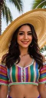 Woman in colorful top and hat in tropical setting.