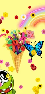 Cheerful yellow wallpaper with ice cream, flowers, and a butterfly.