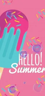 Colorful summer ice cream wallpaper with sprinkles and pink background.