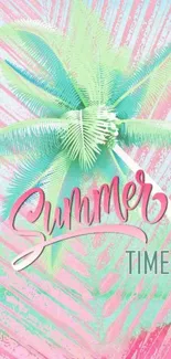 Pastel tropical palm leaves with 'Summer Time' text on a wallpaper.