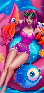 Colorful cartoon sea creatures with woman in pool float.