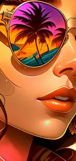 Vibrant art of palm trees reflected in sunglasses at sunset.