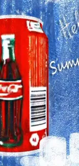 Red soda can on blue background with ice cubes and 'Hello Summer' text.