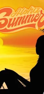 Silhouette at sunset with 'Aloha Summer' text and tropical theme.