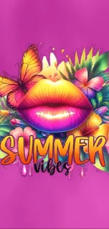 Bright summer vibes wallpaper with vibrant lips and butterfly design.