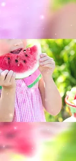 Child enjoying a juicy watermelon slice in summer greenery.