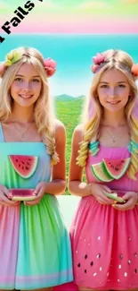 Twin girls in watermelon dresses with a pastel background.