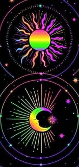 Vibrant sun and moon design mobile wallpaper on black background.