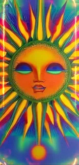 Vibrant sun face with psychedelic colors and artistic design.