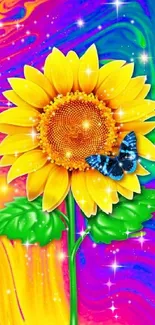 Vibrant sunflower with butterfly on psychedelic background.