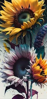 Colorful abstract sunflower art wallpaper with vibrant blooms.