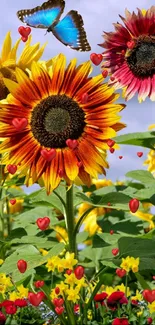 Vibrant sunflowers and a blue butterfly in a colorful garden scene.