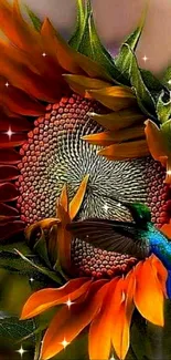 Vibrant sunflower with a hovering hummingbird in detailed digital art.