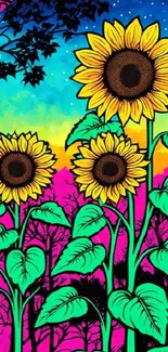 Vibrant sunflower art against a colorful, psychedelic sky.