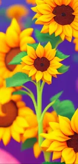 Vibrant sunflower wallpaper with colorful blossoms and a purple backdrop.