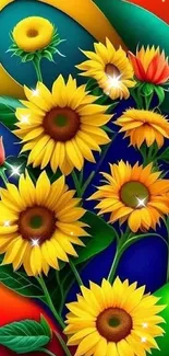 Vibrant sunflower art with bright colors and leafy greens.