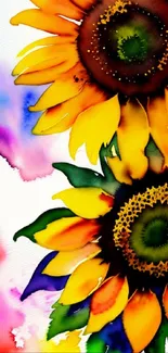 Vibrant watercolor painting of sunflowers with colorful background.