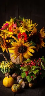 Vibrant bouquet of sunflowers and autumn harvest on a dark background.