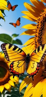 Colorful wallpaper of sunflowers and butterflies.