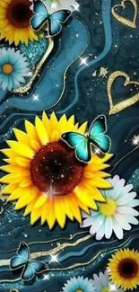 Vibrant sunflower and butterfly wallpaper with golden accents.