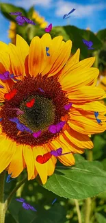 Vibrant sunflower with colorful butterflies fluttering around under a blue sky.