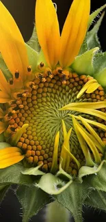 Close-up of a vibrant sunflower with intricate green leaves and yellow petals.