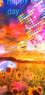 Vibrant sunflower field with emojis under a colorful sunset sky.