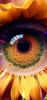 Artistic sunflower eye design with vibrant colors in a closeup view.