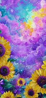 Vibrant fantasy art with sunflowers under a colorful, mystical sky.