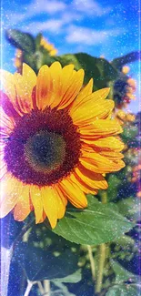 Vibrant sunflower against blue sky with lush green leaves.