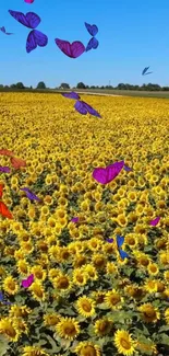 Sunflower field with colorful butterflies under a blue sky.