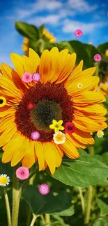 Vibrant sunflower with blue sky background in a field setting.