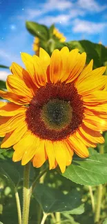 Close-up of a vibrant sunflower against a blue sky.