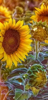 Vibrant sunflower field wallpaper with yellow flowers and green leaves.