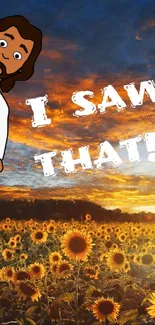 Cartoon character in sunflower field with sunset sky and playful typography.