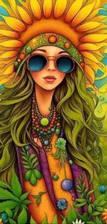 Vibrant sunflower girl illustration with bold, colorful design and artistic flair.