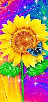 Vibrant sunflower and butterfly with colorful background.