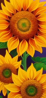 Vibrant sunflower wallpaper with bold yellow petals and green leaves.