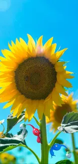 Vibrant sunflower with blue sky and playful characters in a mobile wallpaper.