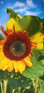 Close-up of a vibrant sunflower against a blue sky background.