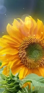 Vibrant sunflower with green leaves and blurred background.