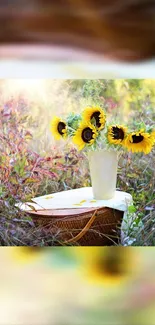 Vase of sunflowers on a table in a natural setting.