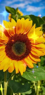 Sunny sunflower with sparkling stars against a blue sky.