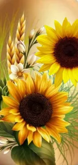 Vibrant sunflower wallpaper with golden blooms and lush greenery.