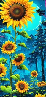 Sunflowers under a starry blue night sky in a vibrant forest setting.