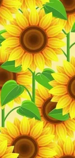 Vibrant sunflower pattern with green leaves wallpaper.