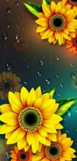 Vibrant sunflower wallpaper with droplets on a teal background.