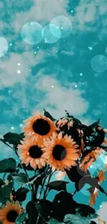 Sunflower wallpaper with a teal blue sky background and fluffy clouds.